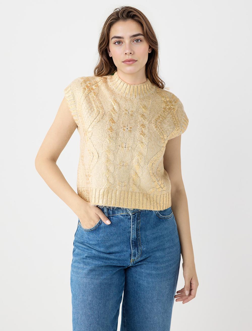 Saç Örgü Desenli Bisiklet Yaka Triko Süveter