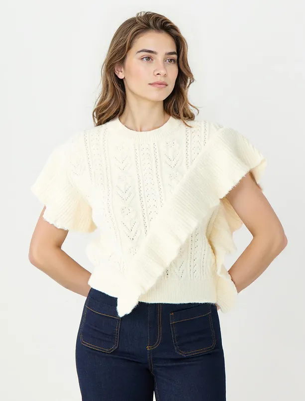 Bayan  Bisiklet Yaka Saç Örgü Desenli Triko Süveter