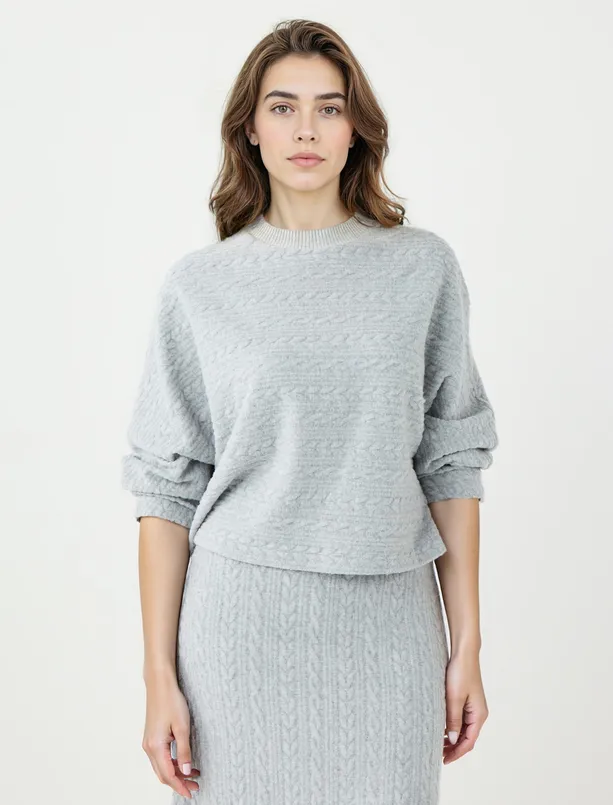 Women Grey Crew-Neck Hair Braid Patterned Knitted Sweatshirt