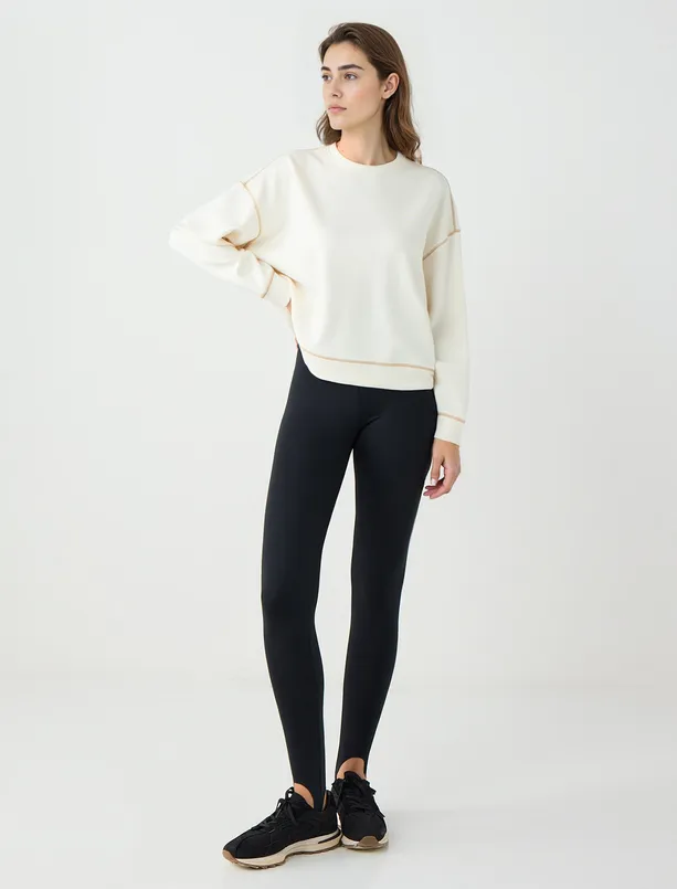 Bayan Ekru Bisiklet Yaka Uzun Kollu Modal Sweatshirt