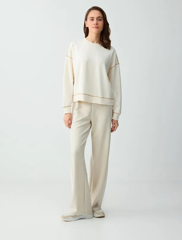 Bayan Ekru Bisiklet Yaka Uzun Kollu Modal Sweatshirt