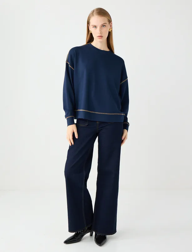 Bayan Lacivert Bisiklet Yaka Uzun Kollu Modal Sweatshirt