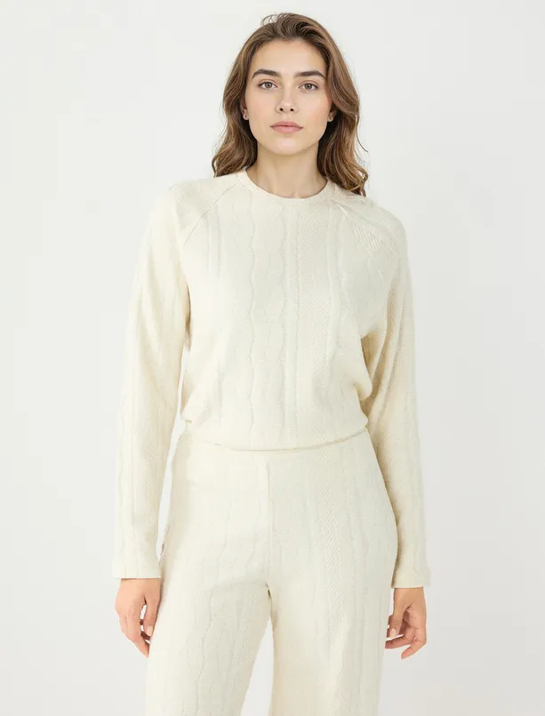 Bayan  Saç Örgü Desenli Bisiklet Yaka Örme Sweatshirt