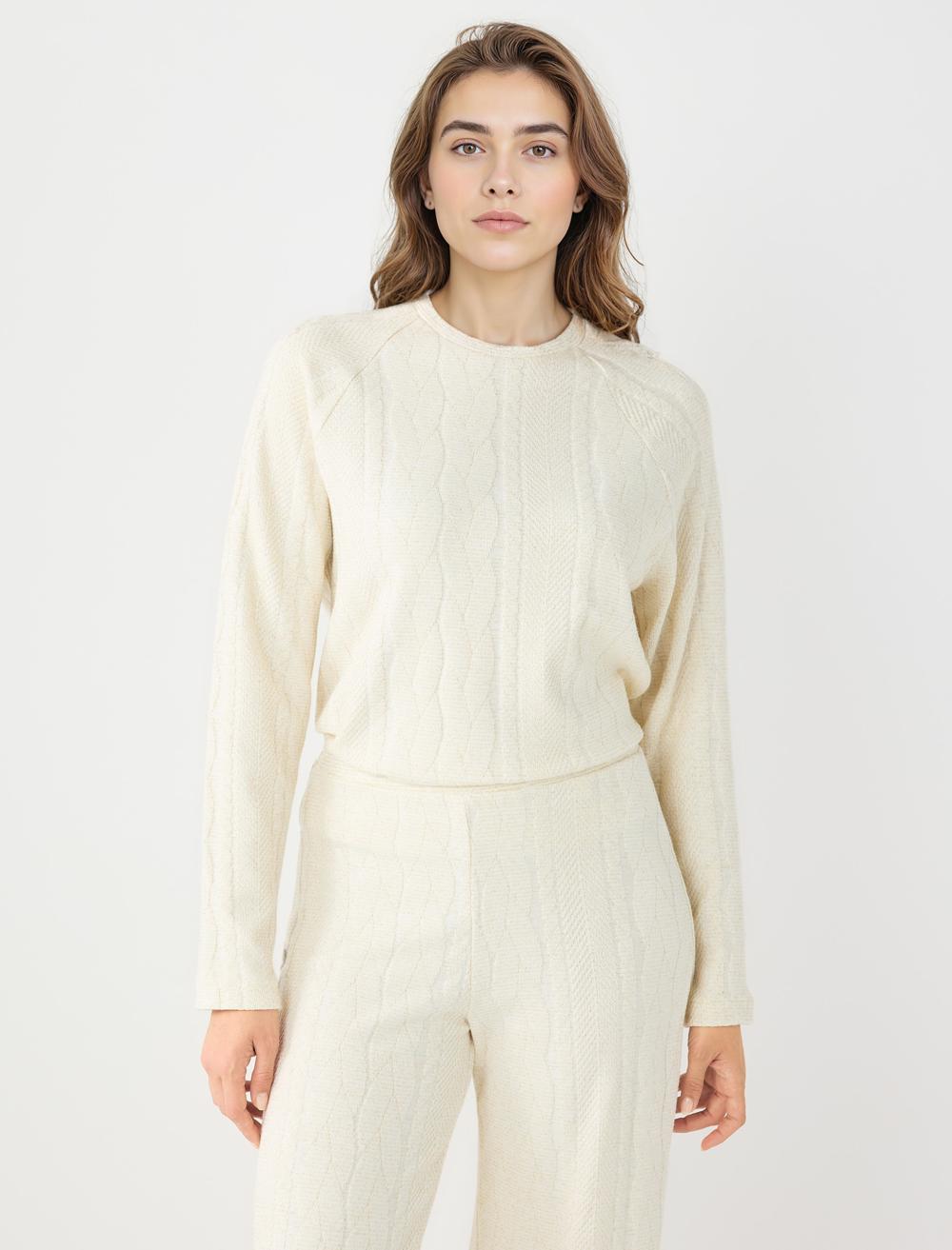 Saç Örgü Desenli Bisiklet Yaka Örme Sweatshirt