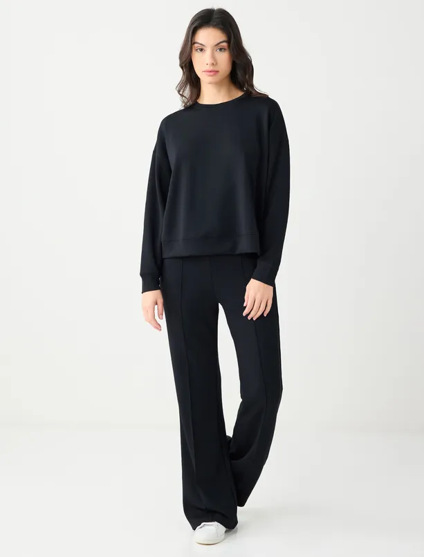 Bayan Siyah Uzun Kollu Bisiklet Yaka Modal Örme Sweatshirt