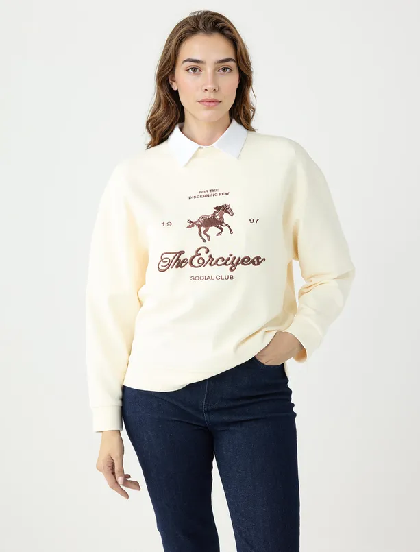 Bayan  Bisiklet Yaka Uzun Kollu Desenli Modal Sweatshirt