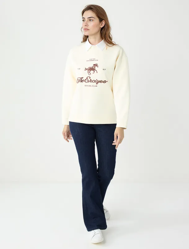 Bayan Ekru Bisiklet Yaka Uzun Kollu Desenli Modal Sweatshirt