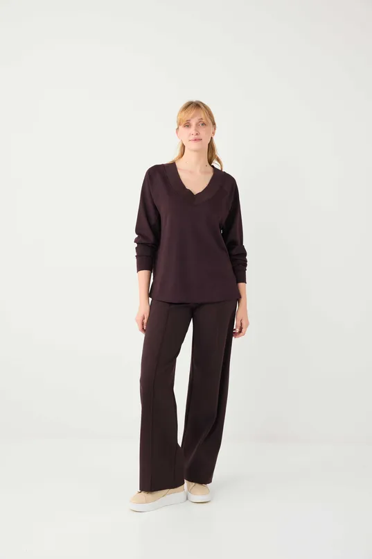 Bayan Kahverengi Uzun Kollu V Yaka Örme Modal Sweatshirt