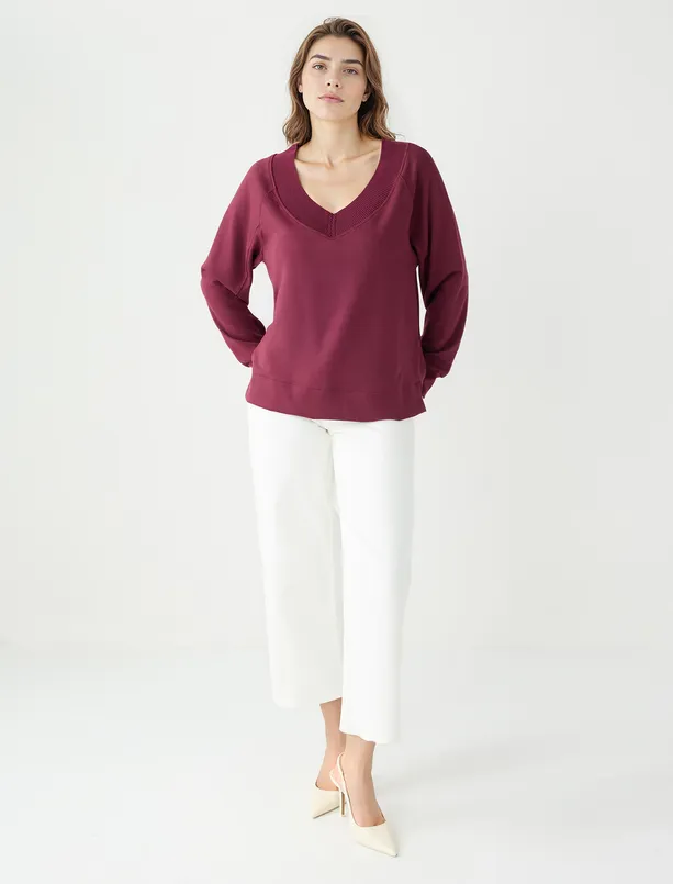 Bayan  Uzun Kollu V Yaka Örme Modal Sweatshirt