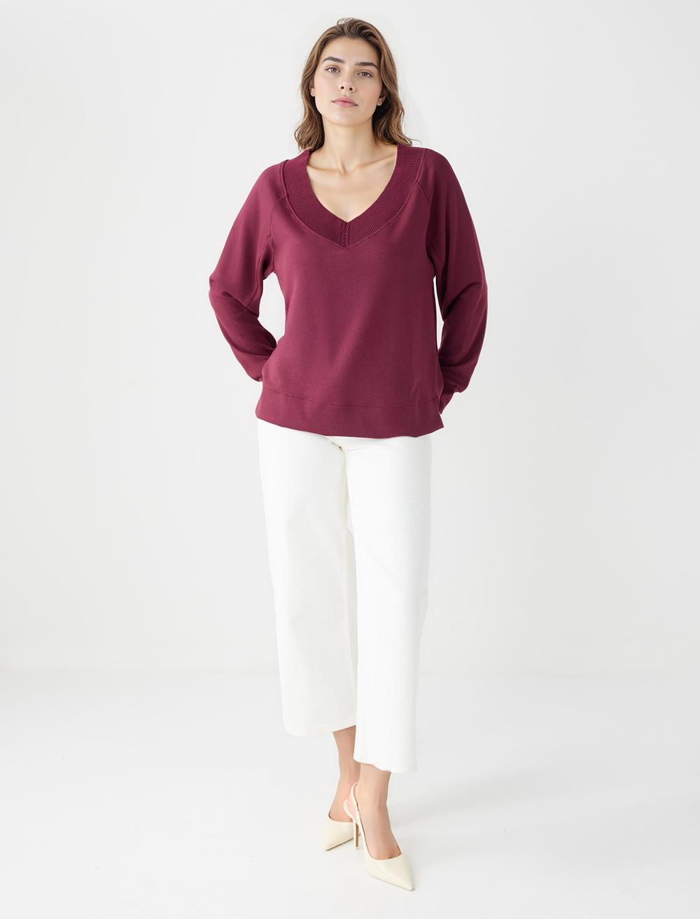 Uzun Kollu V Yaka Örme Modal Sweatshirt