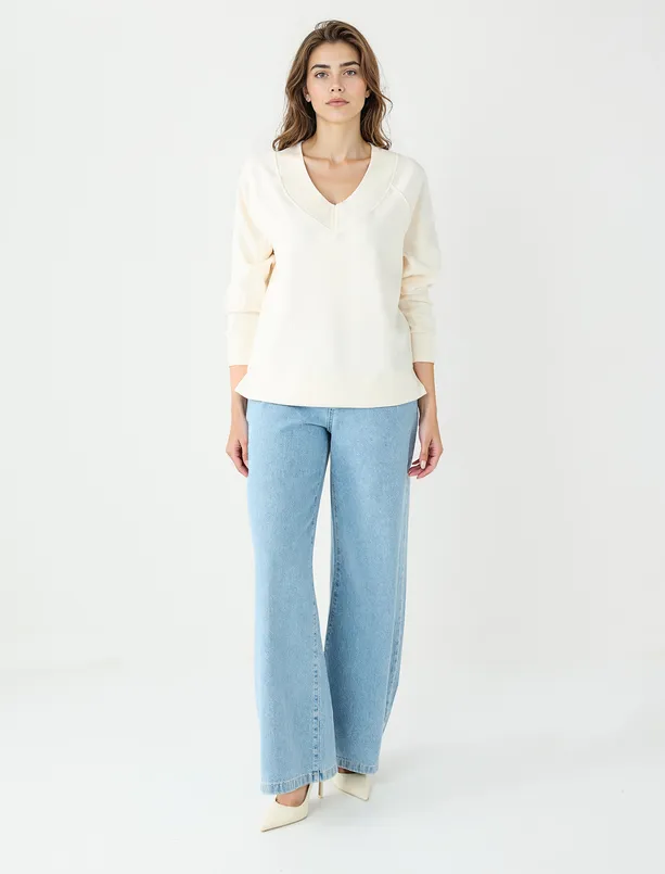 Bayan  Uzun Kollu V Yaka Örme Modal Sweatshirt