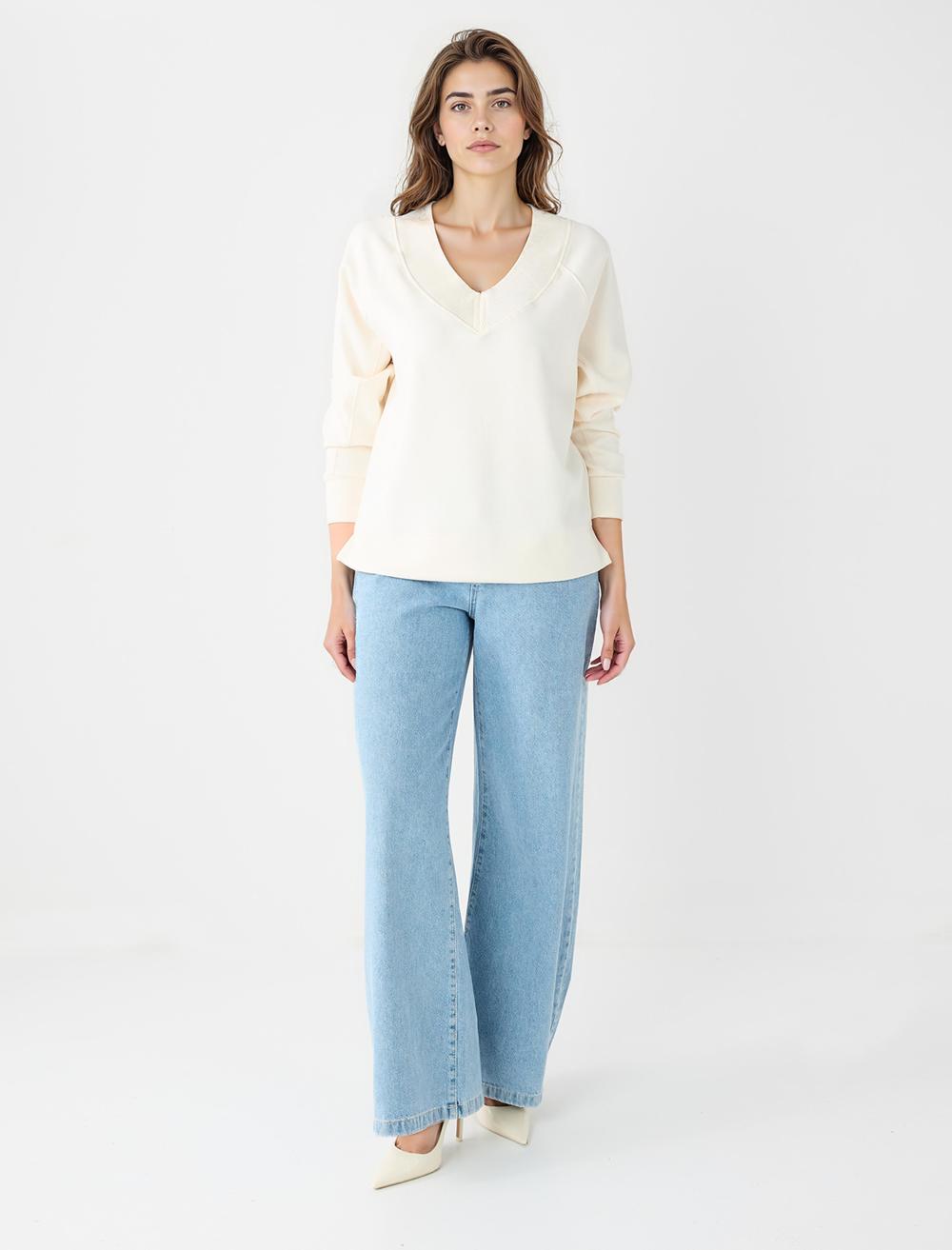 Uzun Kollu V Yaka Örme Modal Sweatshirt