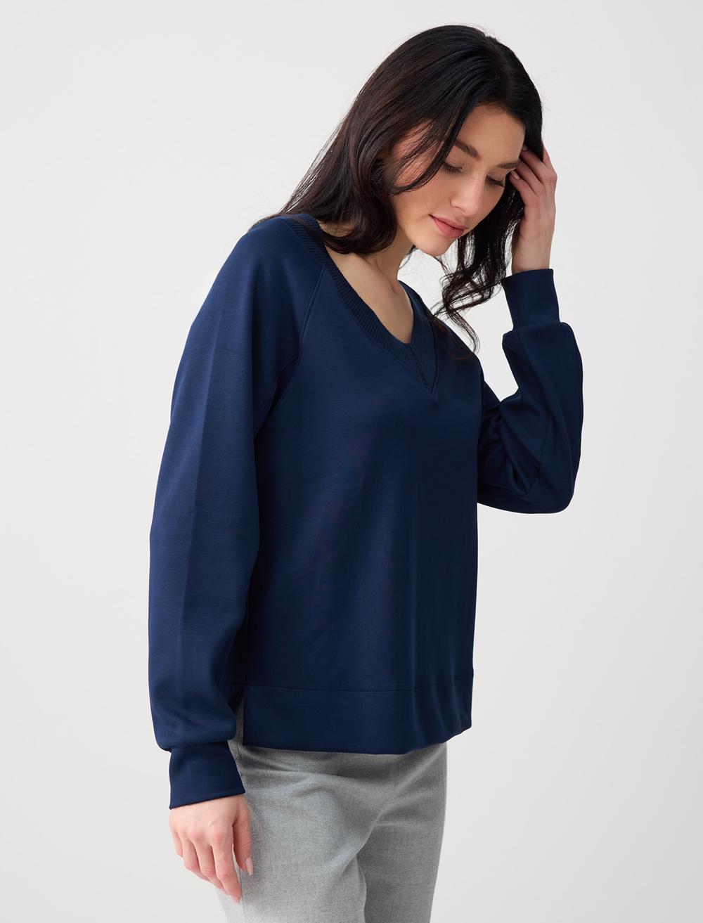 Uzun Kollu V Yaka Örme Modal Sweatshirt