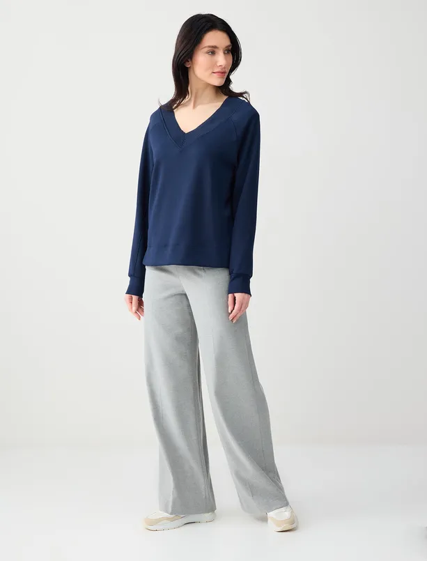 Bayan Lacivert Uzun Kollu V Yaka Örme Modal Sweatshirt