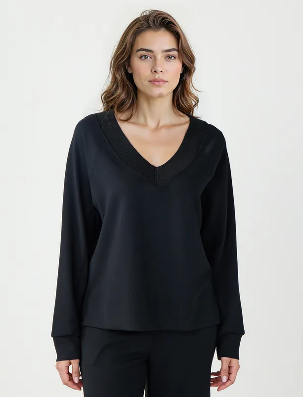 Bayan Siyah Uzun Kollu V Yaka Örme Modal Sweatshirt