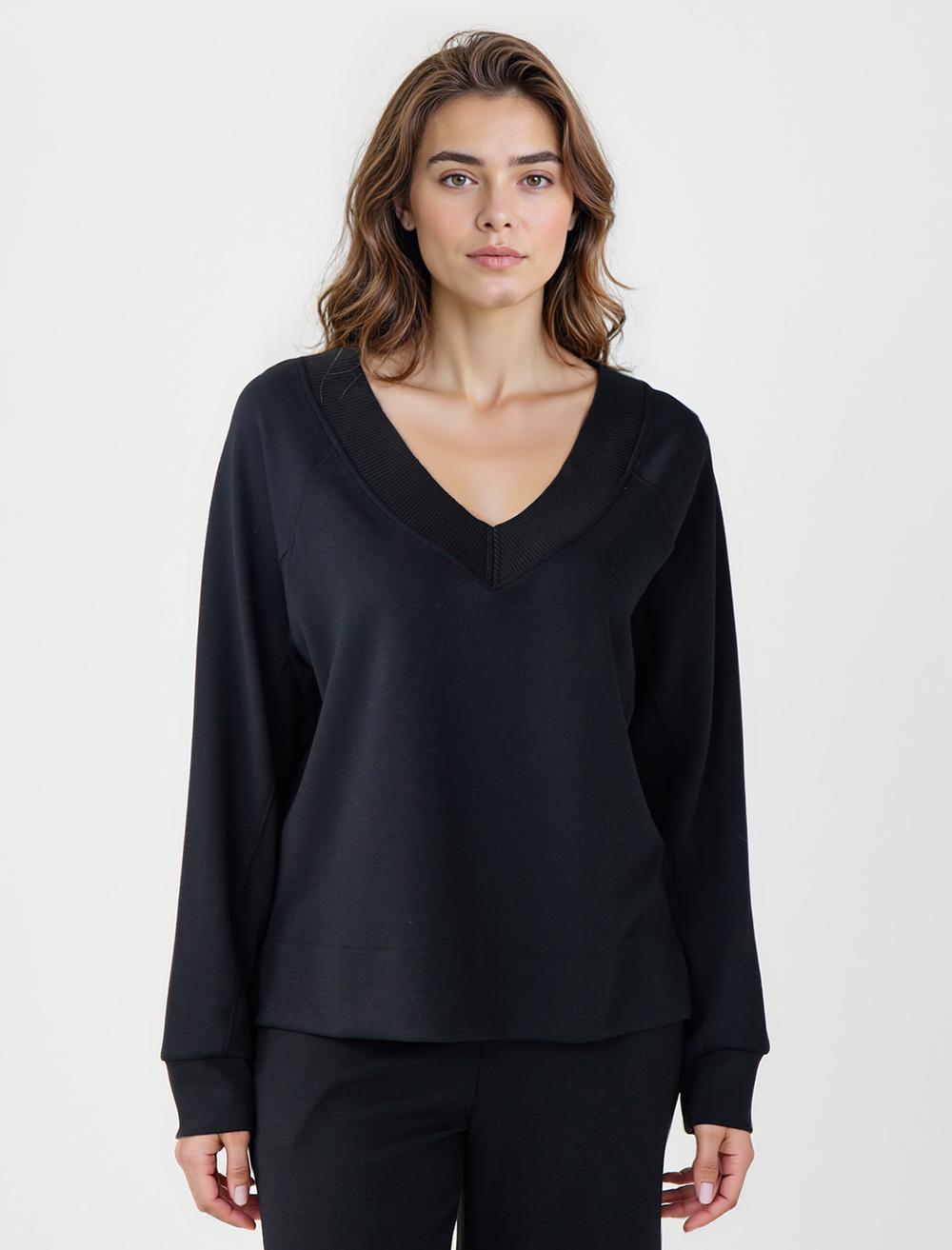 Uzun Kollu V Yaka Örme Modal Sweatshirt