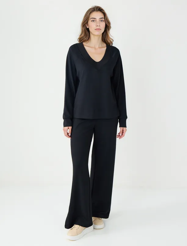 Bayan Siyah Uzun Kollu V Yaka Örme Modal Sweatshirt