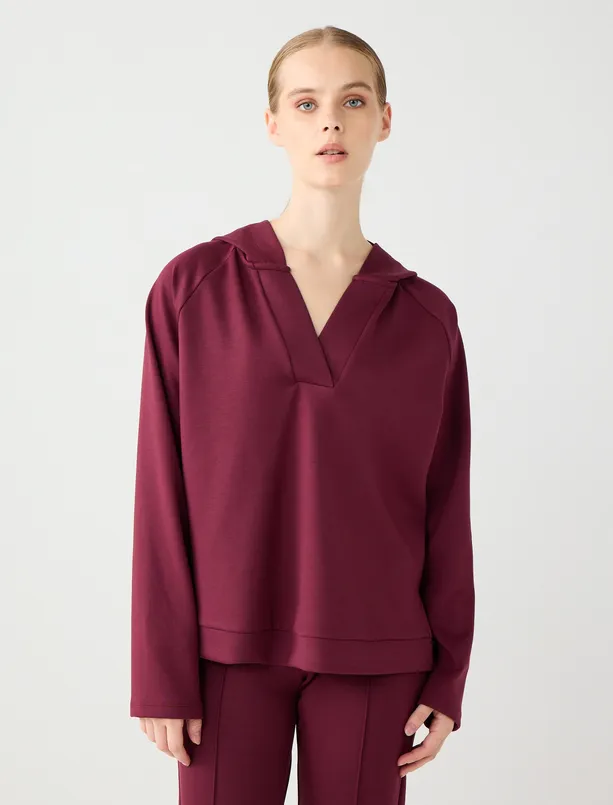 Bayan Bordo Uzun Kollu Kapüşonlu Örme Sweatshirt