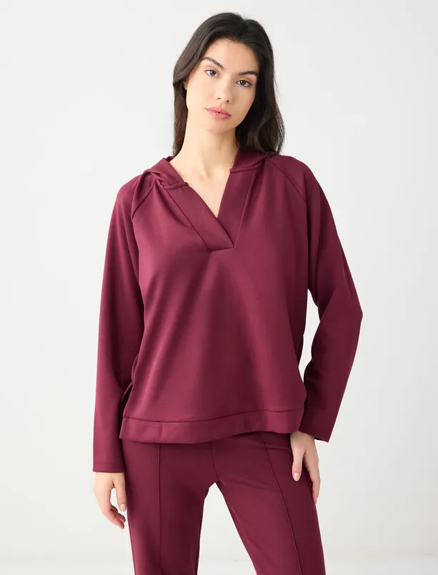 Bayan  Uzun Kollu Kapüşonlu Örme Sweatshirt