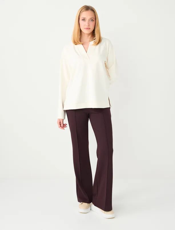 Bayan Ekru Uzun Kollu Kapüşonlu Örme Sweatshirt