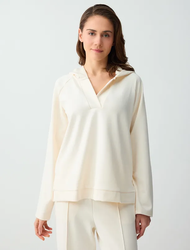 Bayan  Uzun Kollu Kapüşonlu Örme Sweatshirt