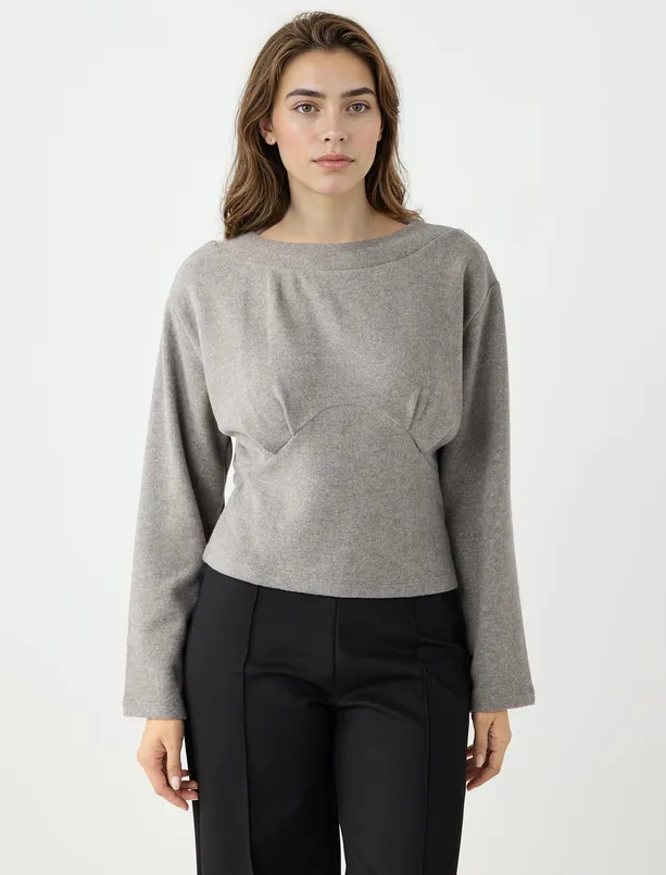 Bayan  Kayık Yaka Uzun Kollu Yumuşak Dokulu Sweatshirt