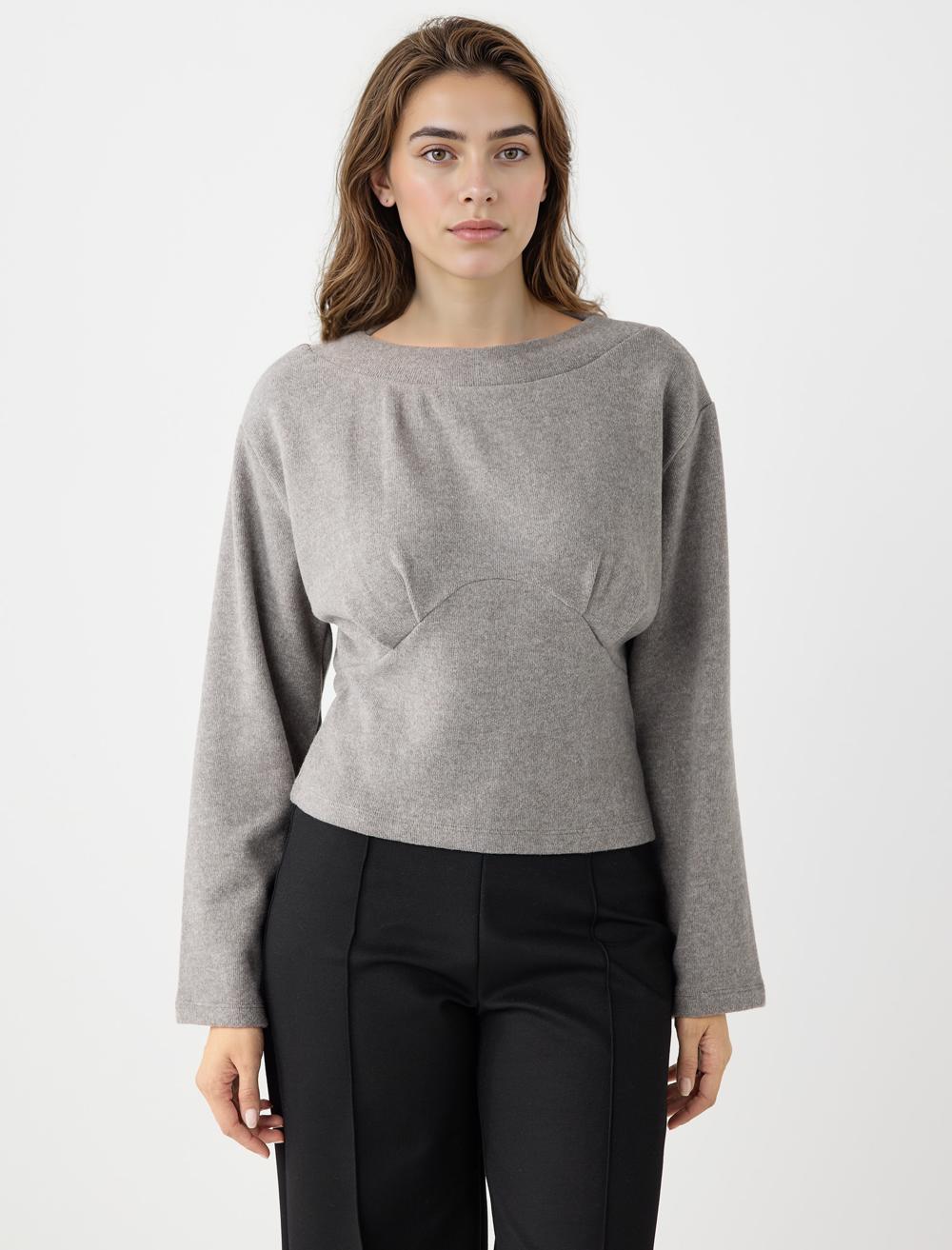 Kayık Yaka Uzun Kollu Yumuşak Dokulu Sweatshirt