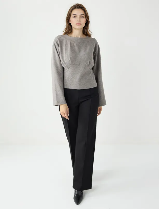 Bayan Antrasit Melanj Kayık Yaka Uzun Kollu Yumuşak Dokulu Sweatshirt