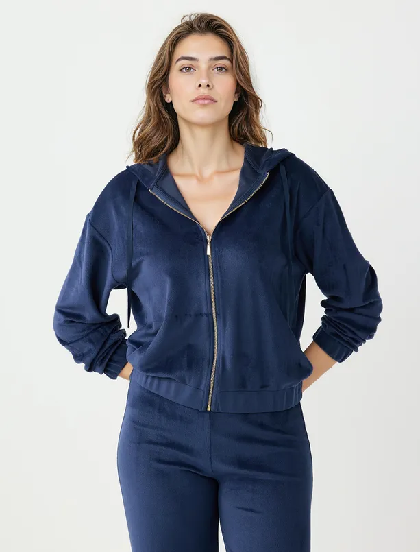 Bayan Lacivert Uzun Kollu Kapüşonlu Polar Örme Sweatshirt