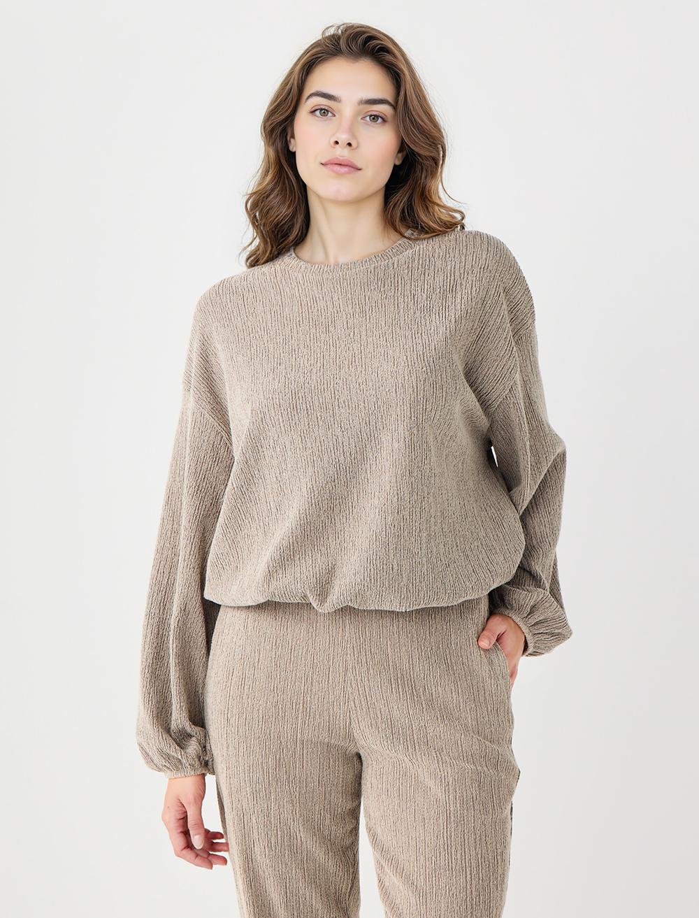 Bisiklet Yaka Beli Lastikli Örme Sweatshirt