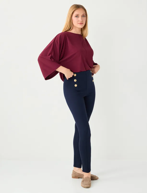 Women Dark Blue Narrow Leg High Waist Knitted Leggings