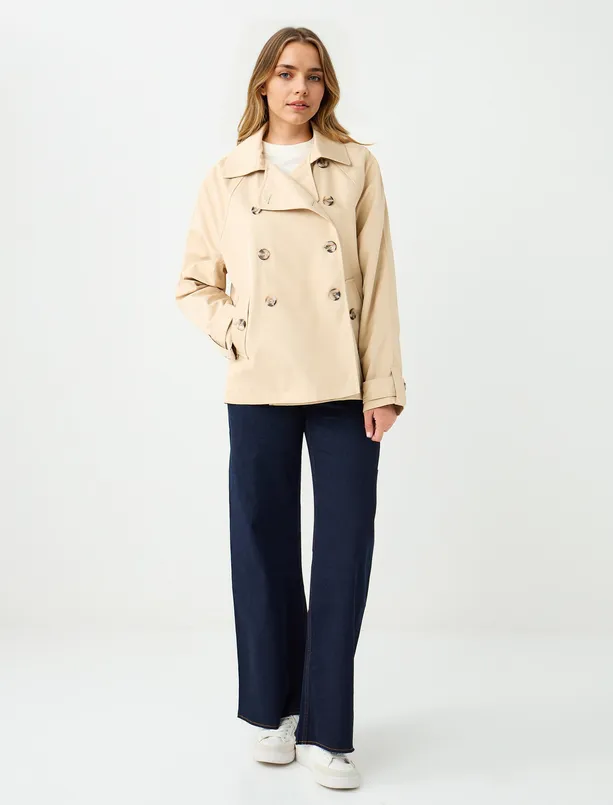 Women Beige Double-breasted Collar Long Sleeve Trench Coat