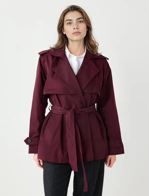 Women Claret Red Long Sleeve Jacket Collar Belt Detailed Trench Coat