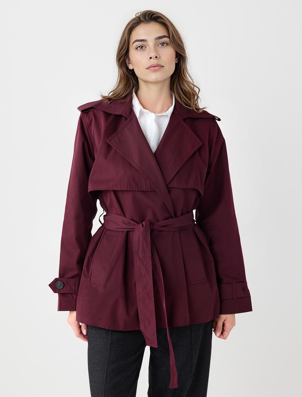 Uzun Kollu Ceket Yaka Kemer Detaylı Trençkot