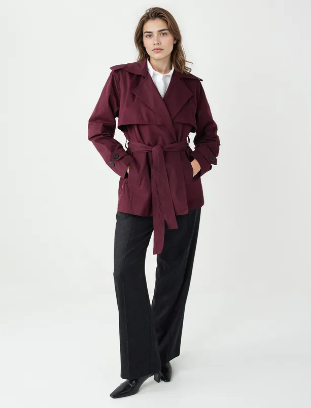 Bayan Bordo Uzun Kollu Ceket Yaka Kemer Detaylı Trençkot