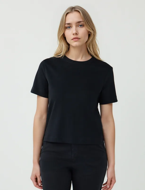 Women Black 100% Cotton Short Sleeve Basic Knitted T-Shirt