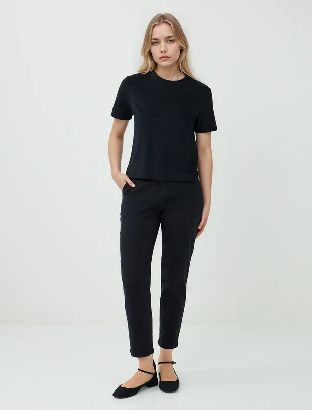 Women Black 100% Cotton Short Sleeve Basic Knitted T-Shirt