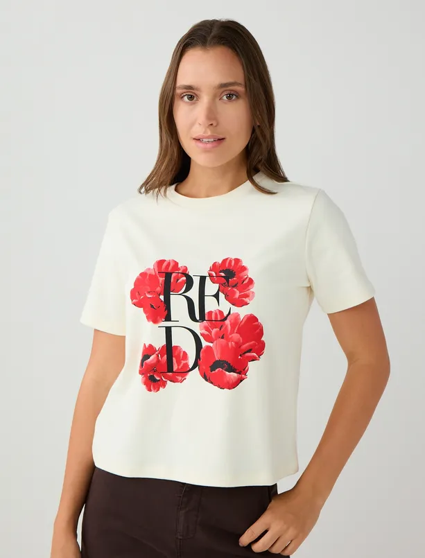 Women  100% Cotton Crew-Neck Floral Patterned Knitted T-Shirt