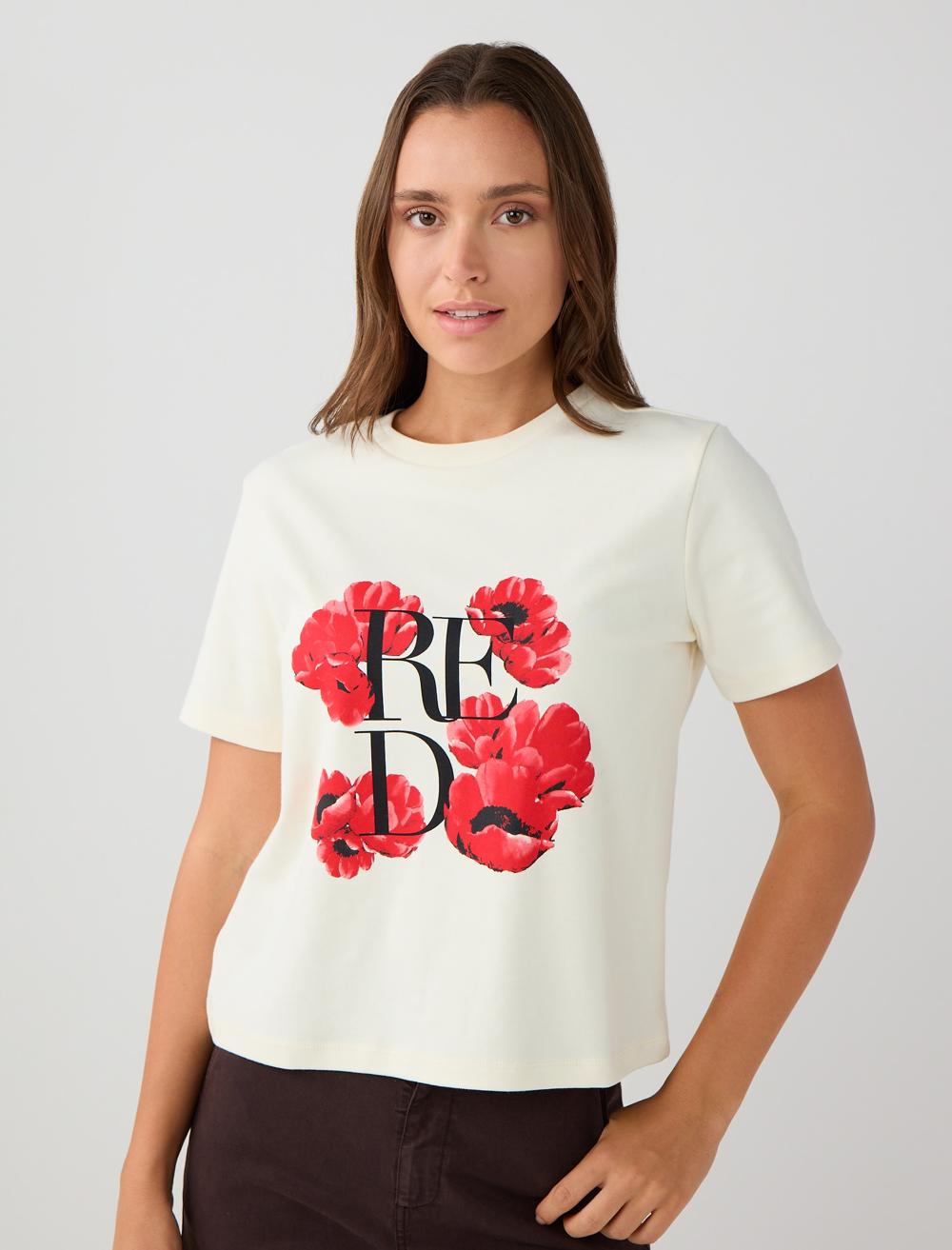 %100 Pamuk Bisiklet Yaka Çiçek Desenli Örme Tişört