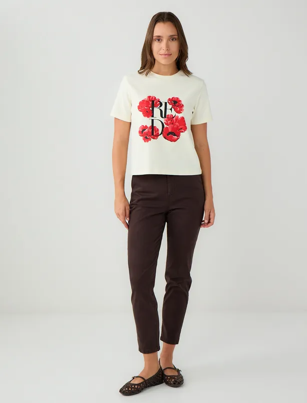 Women White 100% Cotton Crew-Neck Floral Patterned Knitted T-Shirt