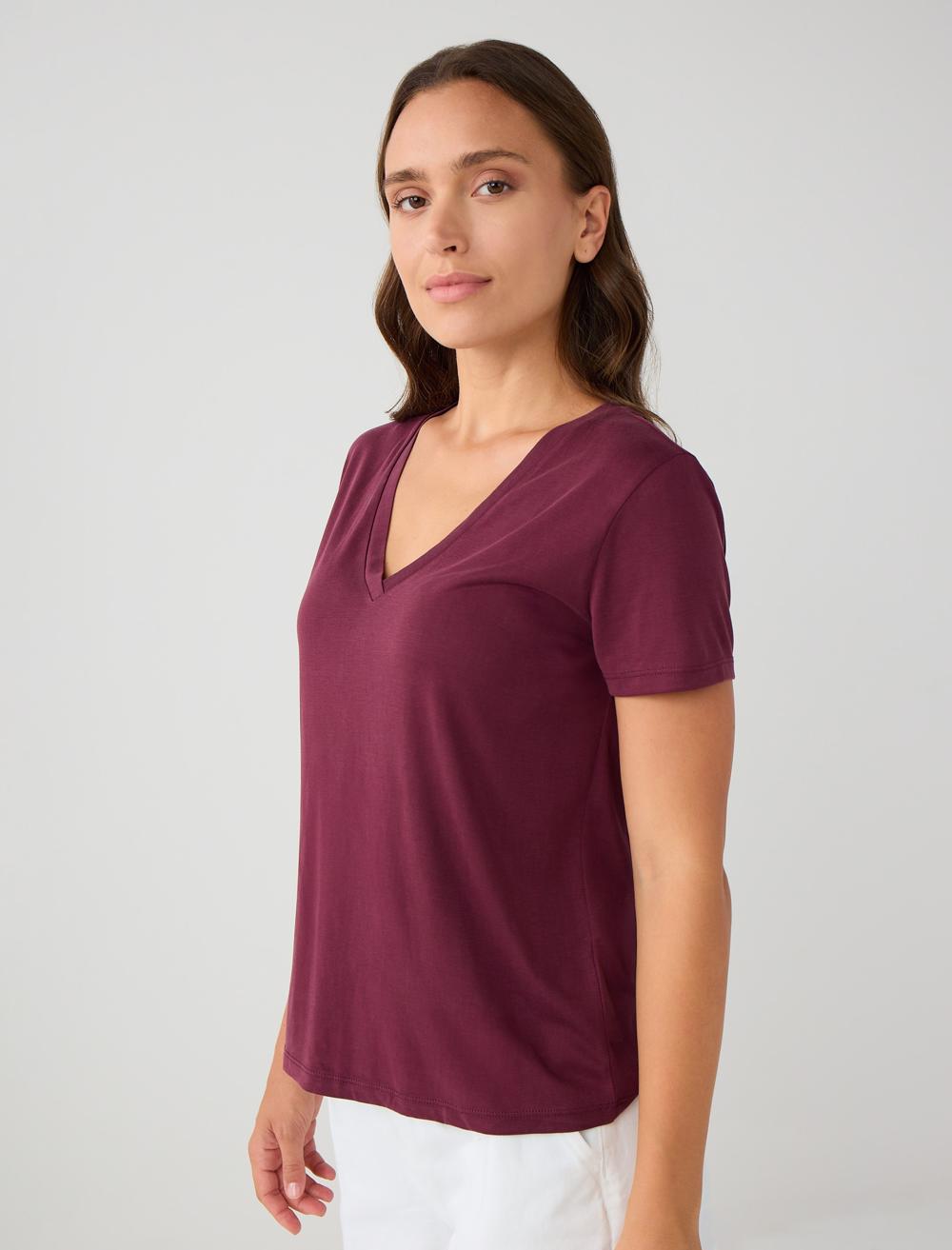 Düz Kesim V Yaka Kısa Kollu Basic Örme Tişört
