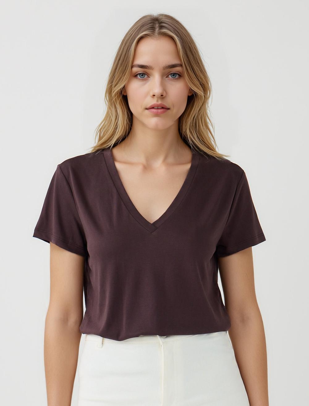 Düz Kesim V Yaka Kısa Kollu Basic Örme Tişört