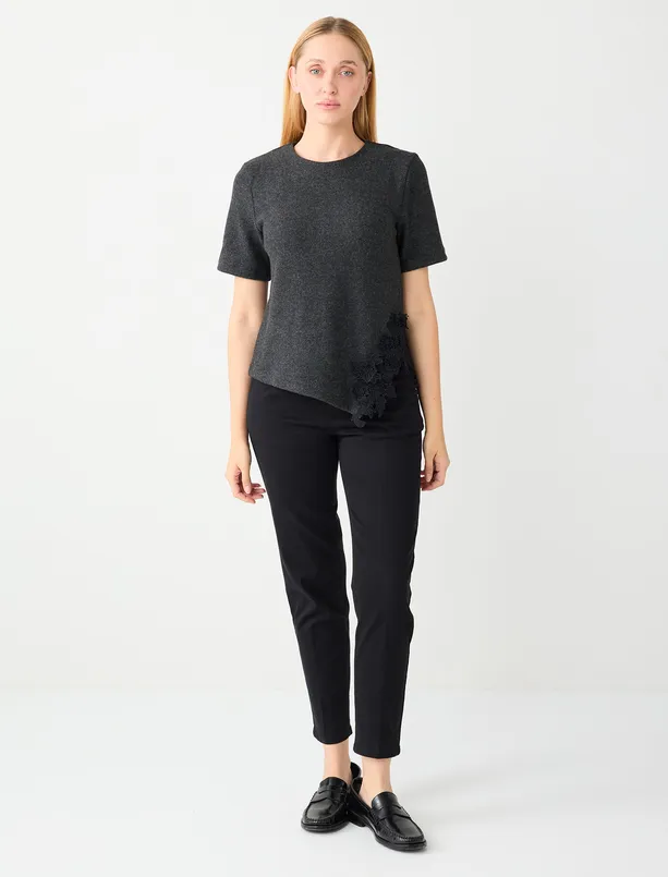 Bayan Antrasit Melanj Nakış İşlemeli Yumuşak Dokulu Örme Bluz