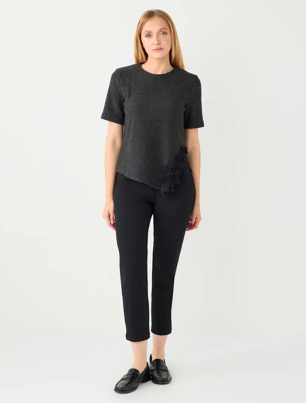 Bayan Antrasit Melanj Nakış İşlemeli Yumuşak Dokulu Örme Bluz