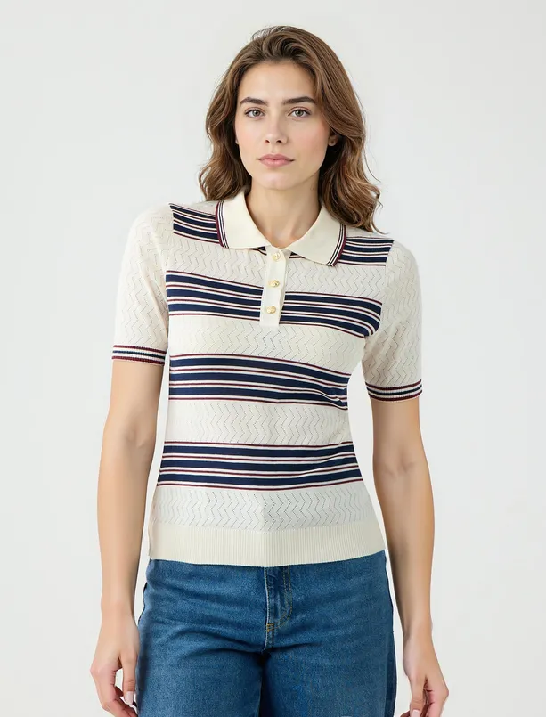 Women  Shirt Collar Striped Short Sleeve Knitted T-Shirt
