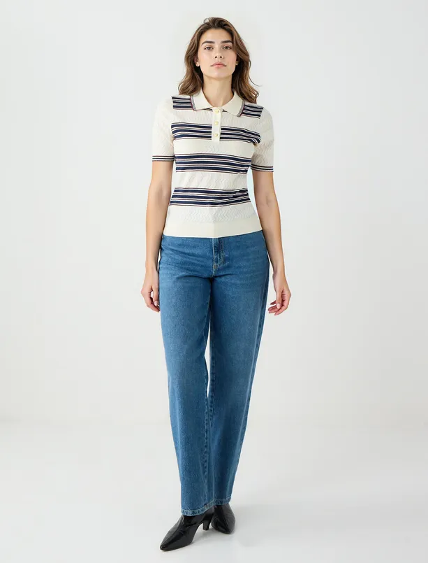 Women Ecru Shirt Collar Striped Short Sleeve Knitted T-Shirt