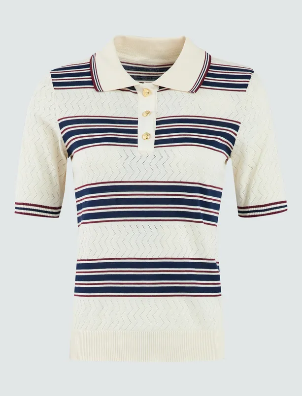 Women Ecru Shirt Collar Striped Short Sleeve Knitted T-Shirt