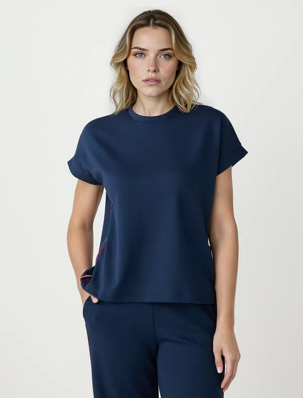 Women Dark Blue Short Sleeve Crew-Neck Striped Knitted T-Shirt