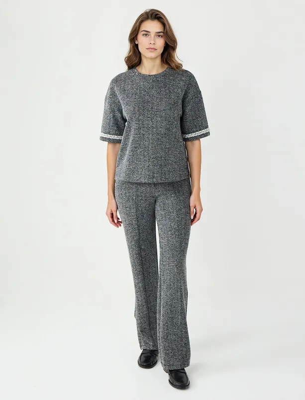 Bayan Antrasit Melanj Bisiklet Yaka Kol Ucu Boncuk Detaylı Örme Tişört