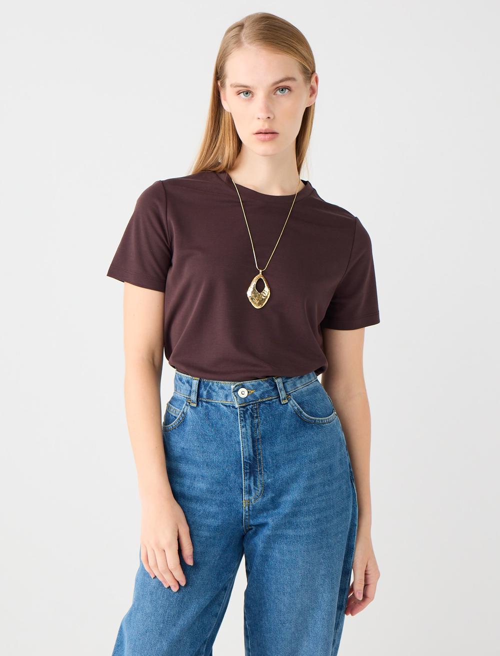 Bisiklet Yaka Kısa Kollu Modal Örme Tişört